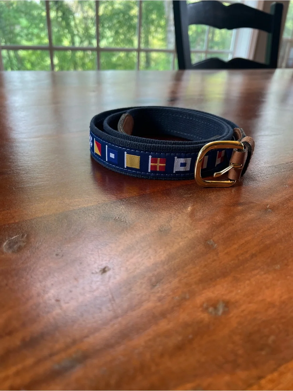 West Marine Men's Adjustable Nautical Belt Size 46 Blue/Brown Brass Buckle